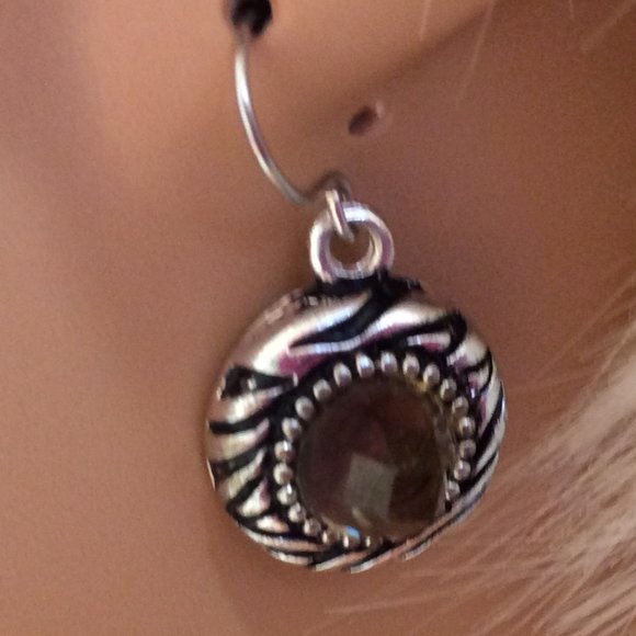 Vintage Silver Drop Earrings with Green Amber Looking Stone - Picture 12 of 15